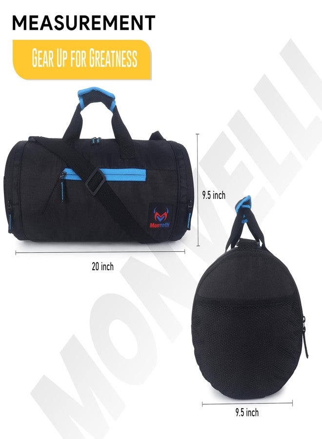 Monvelli Gym Duffel Bag for Men & Women | Sports Travel Bag with Shoulder Strap & Shoe Compartment | Multipurpose Duffel for Fitness, Travel, Outdoor & Weekend Trips (Black & Sky Blue) - Image 3
